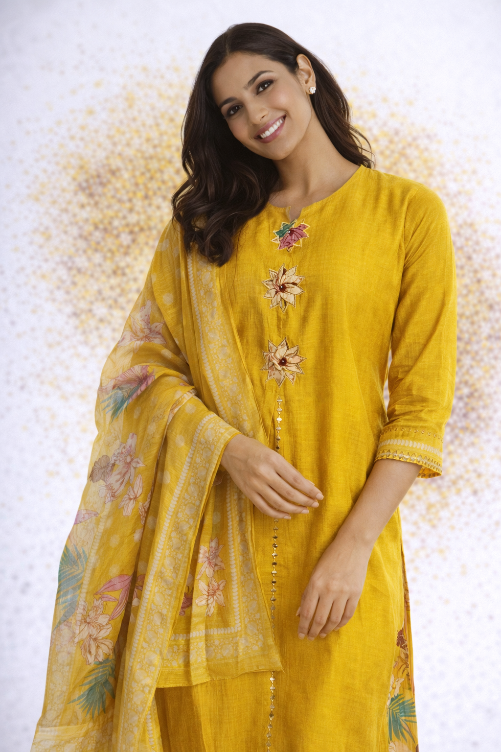 Mustard Yellow Semi Silk 3-Piece Kurta Set