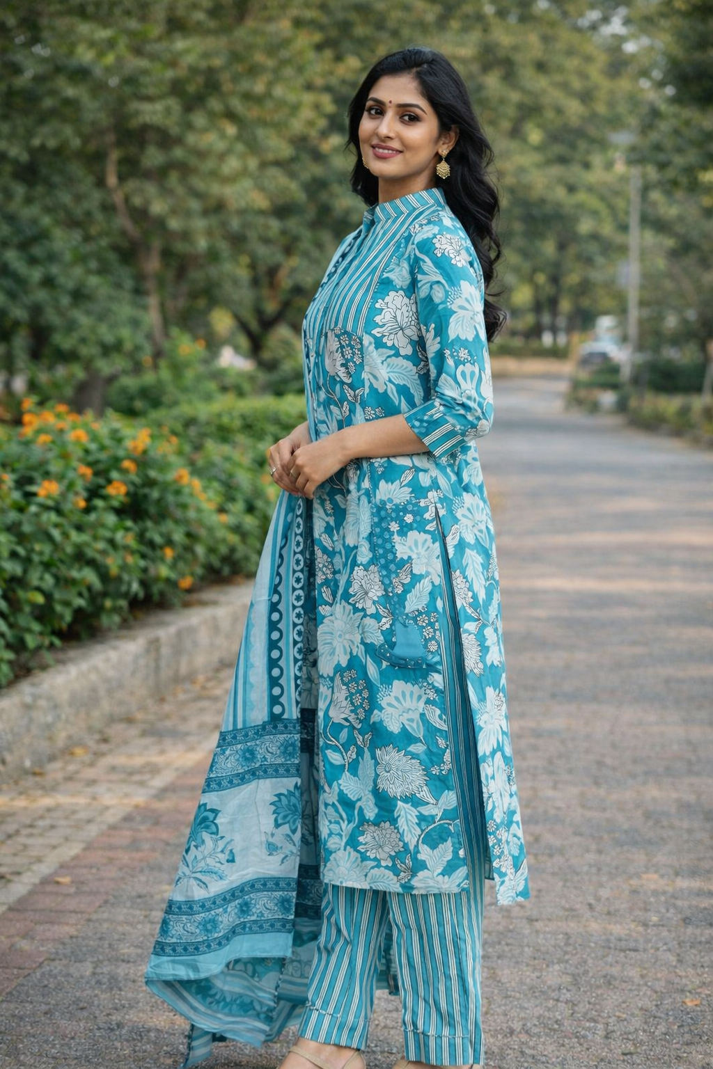 Indo Era Blue & White Floral Printed Cotton Kurta 3-Piece set