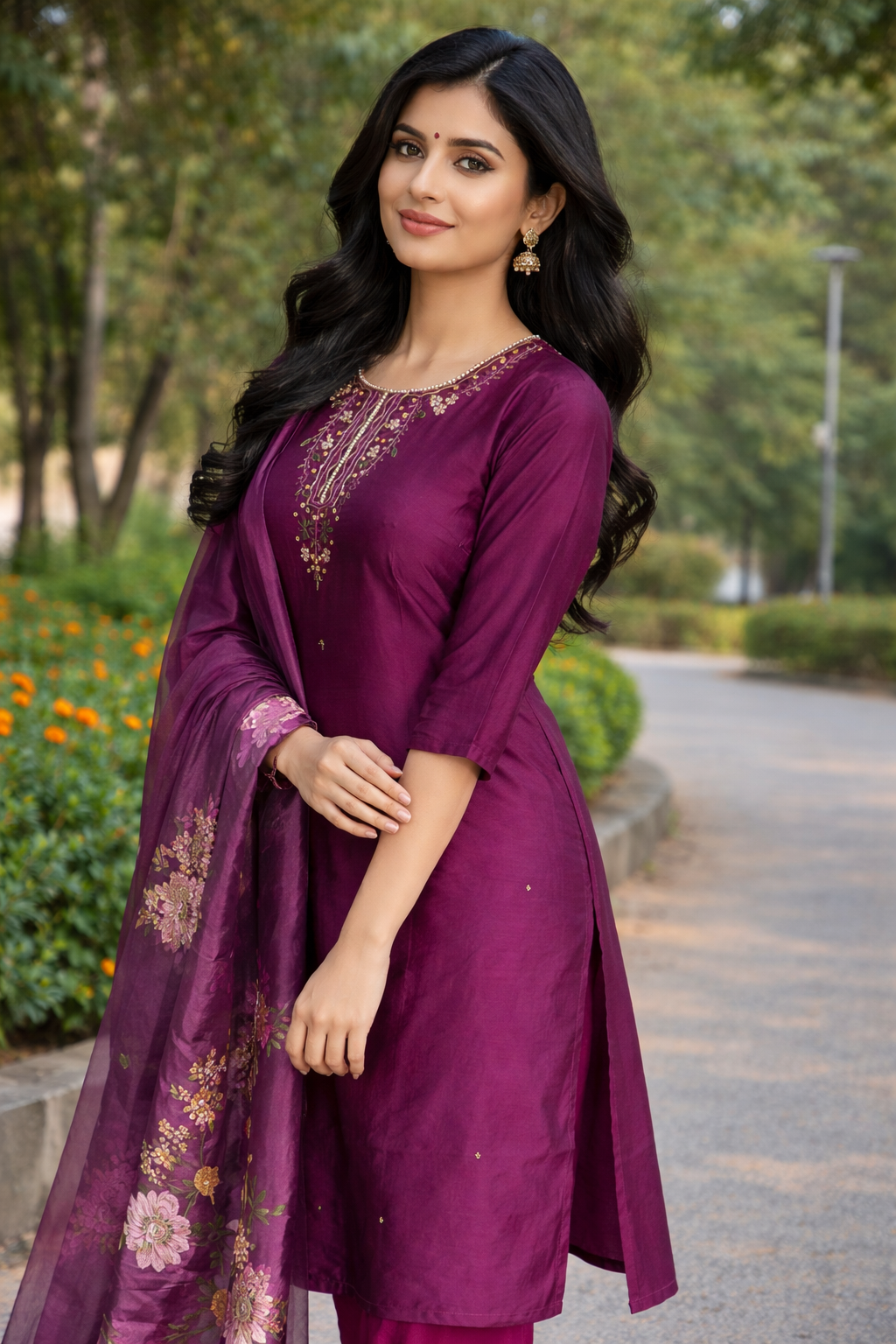 Magenta Straight fit Embroidered 3-Piece Kurta Set