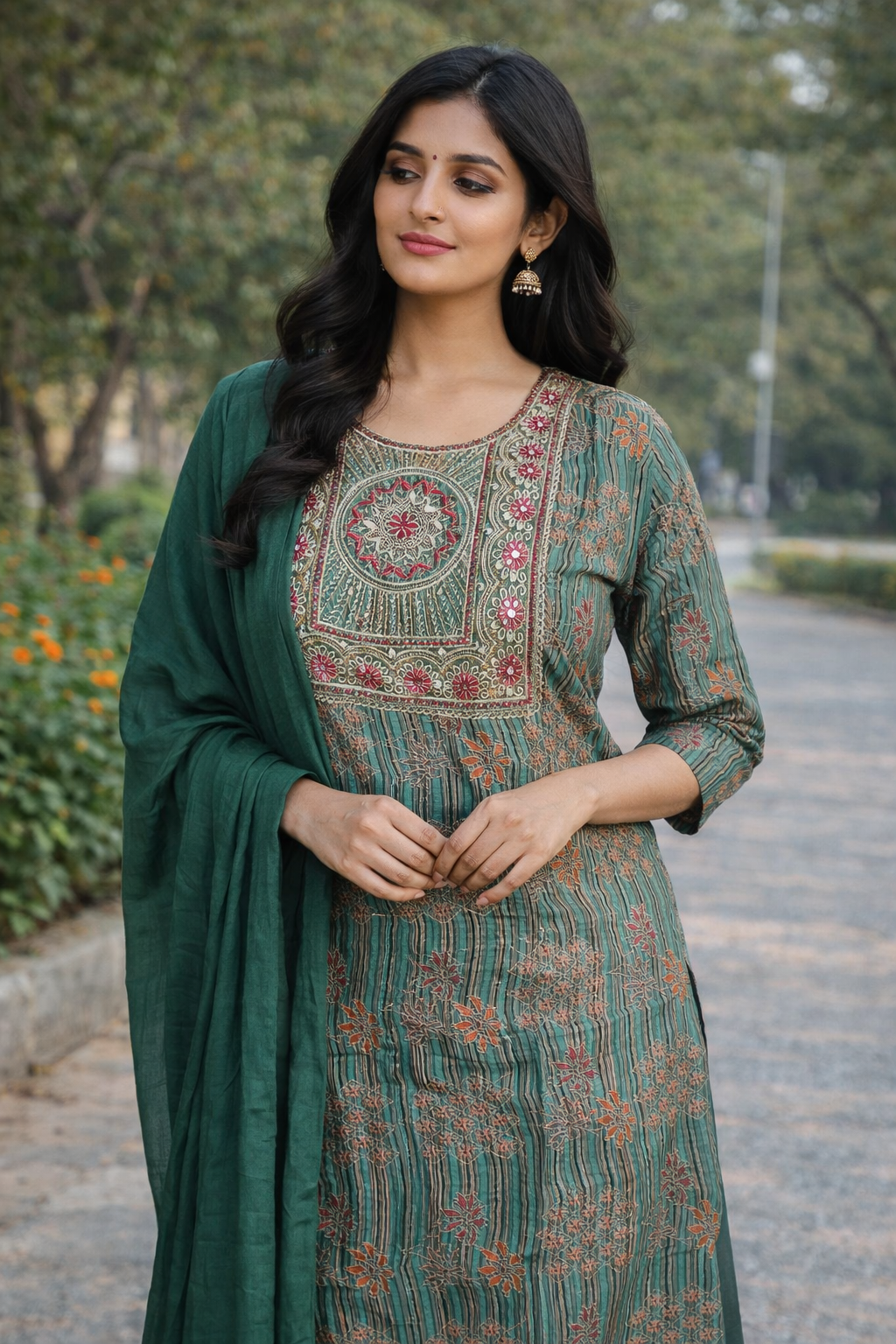 Elegant Green Printed Kurta 3-Piece Set