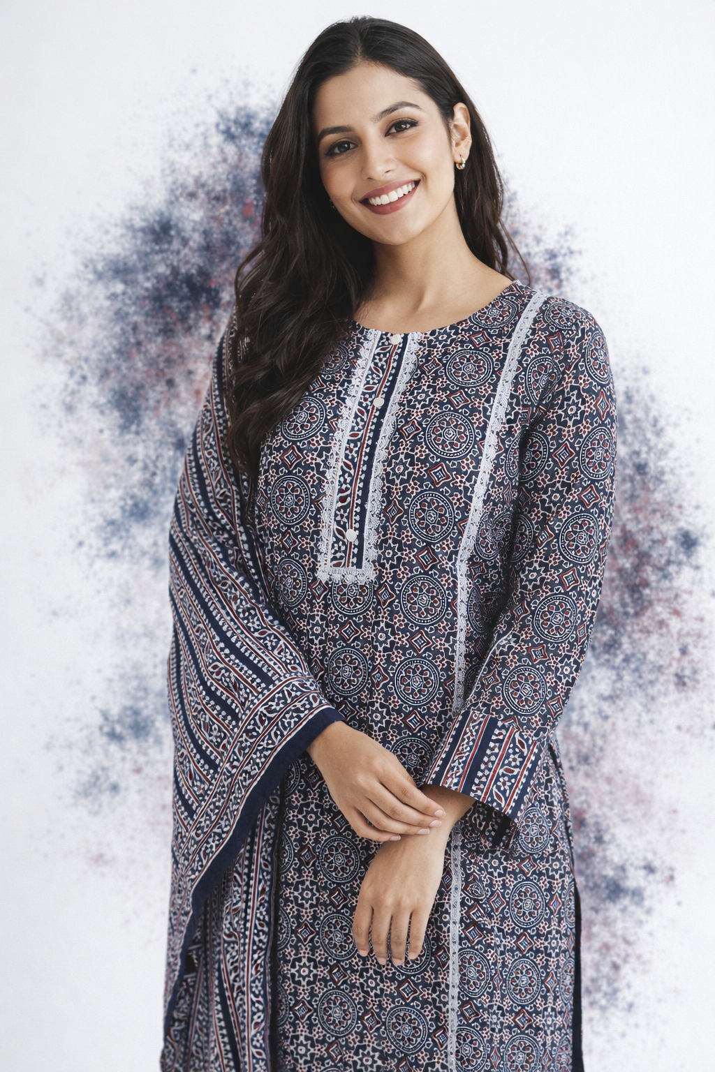 Ethic Blue & White Cotton 3-Piece Kurta Set