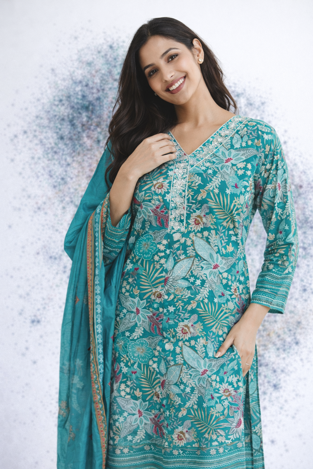Teal Blue Cotton Floral Print 3-Piece Kurta Set