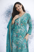 Teal Blue Cotton Floral Print 3-Piece Kurta Set