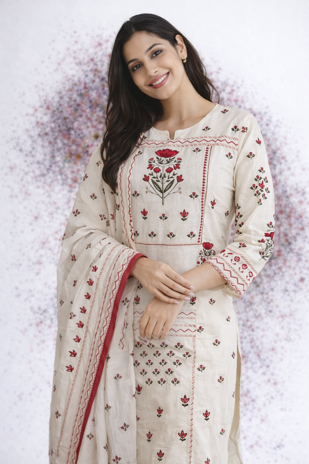 Off-Cream Floral Print 3/4th Sleeve 3-Piece Kurta Set