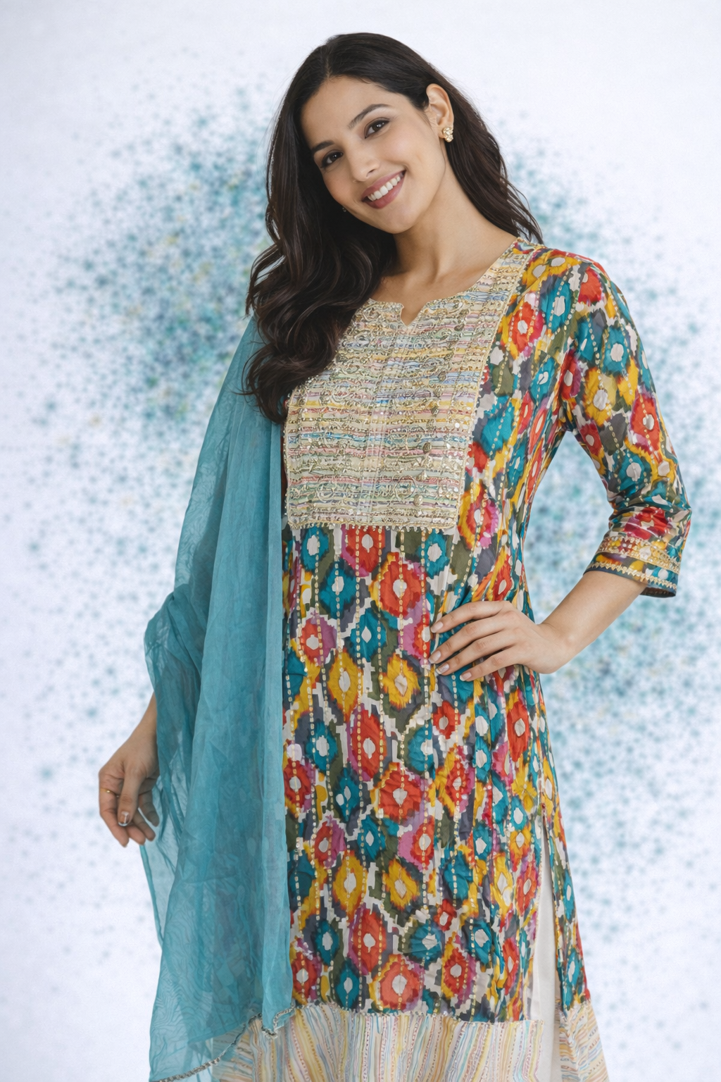 Multi-Color Cotton Kurta 3-Piece Set with Shiffon Dupatta