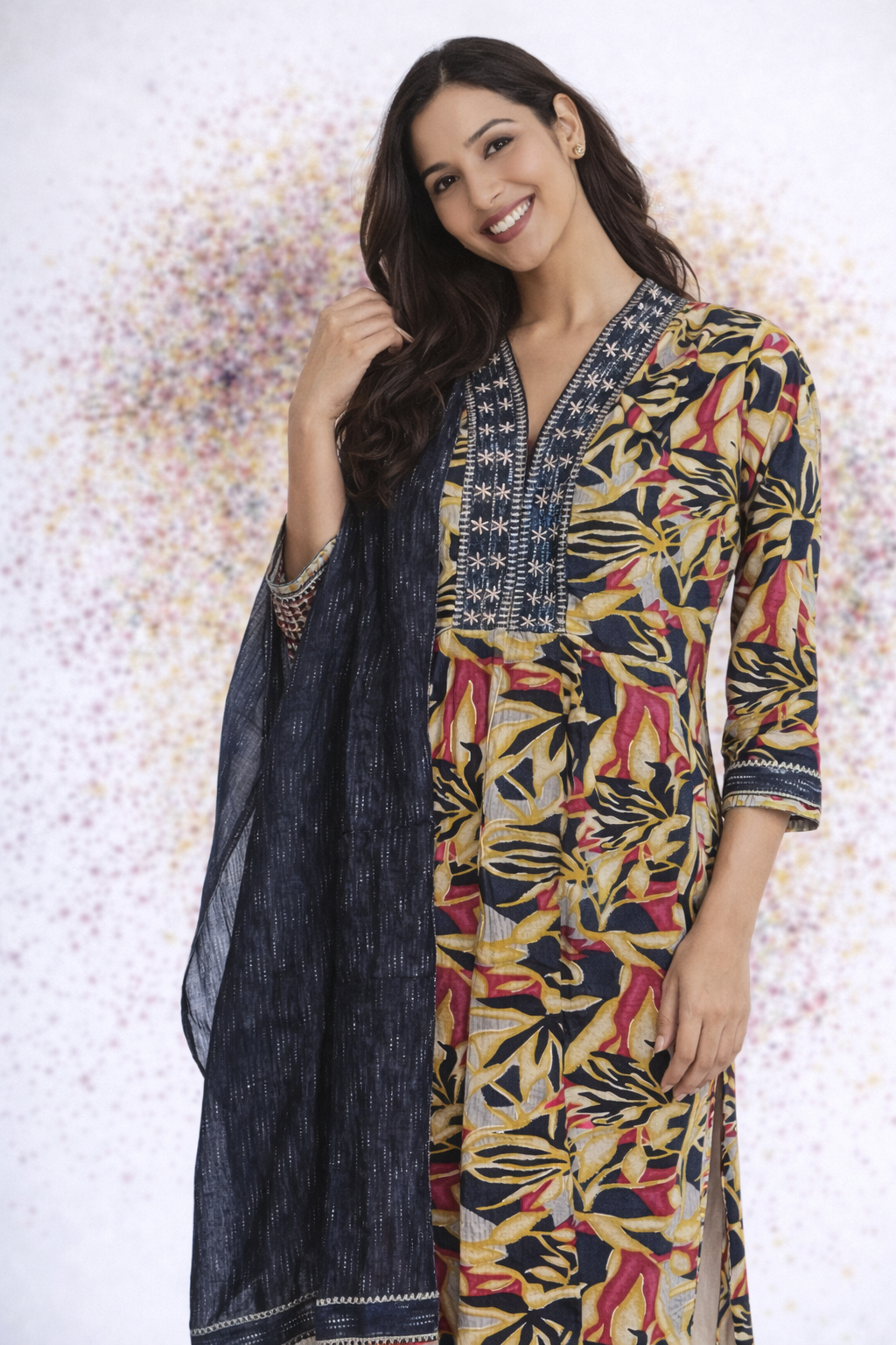 Yellow Floral with Navy Blue Cotton Anarkali Kurta With Side Slit