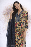 Yellow Floral with Navy Blue Cotton Anarkali Kurta With Side Slit