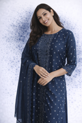 Navy Blue with Lacing Semi Linen 3-Piece Kurta Set