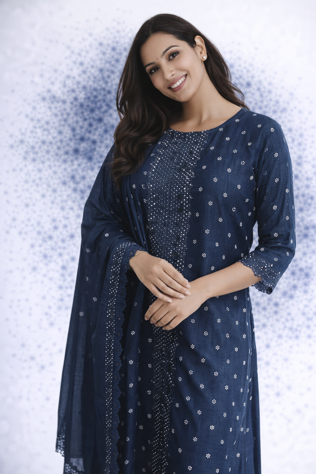 Navy Blue with Lacing Semi Linen 3-Piece Kurta Set