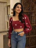 Maroon Heart Print Puff Sleeve Crop Top