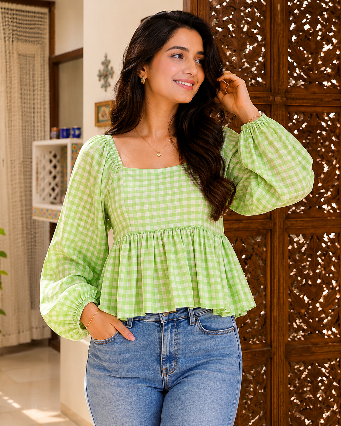 Lime Gingham Square Neck Peplum Top