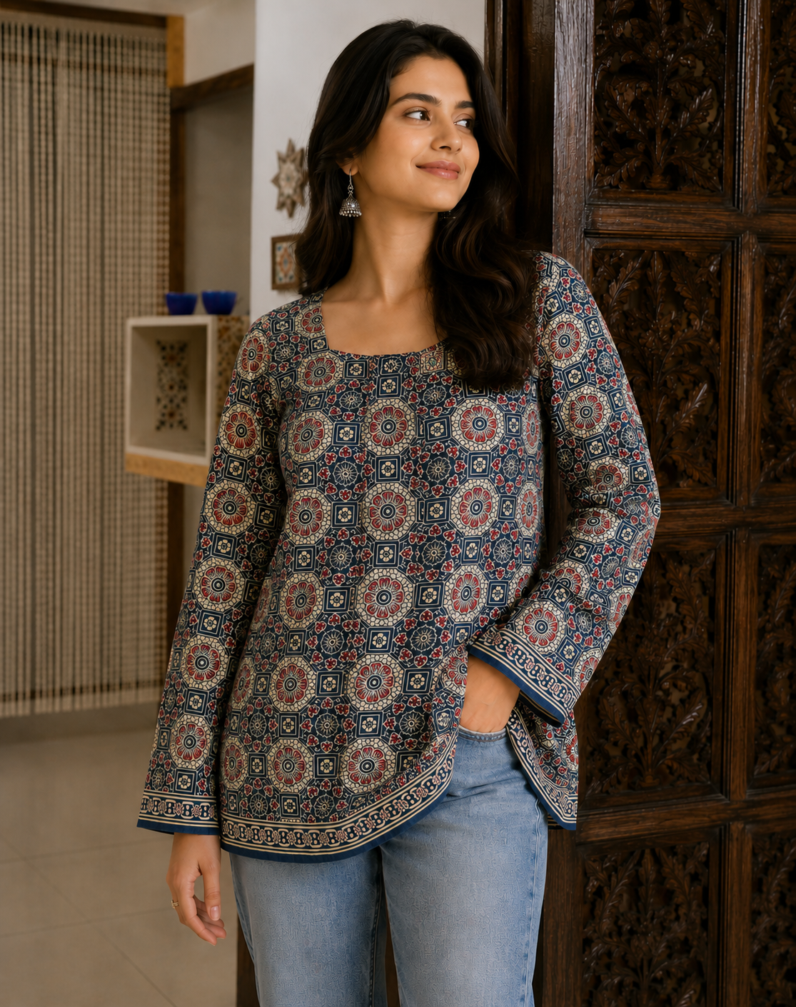 Indigo Floral Tie-Back Peplum Top
