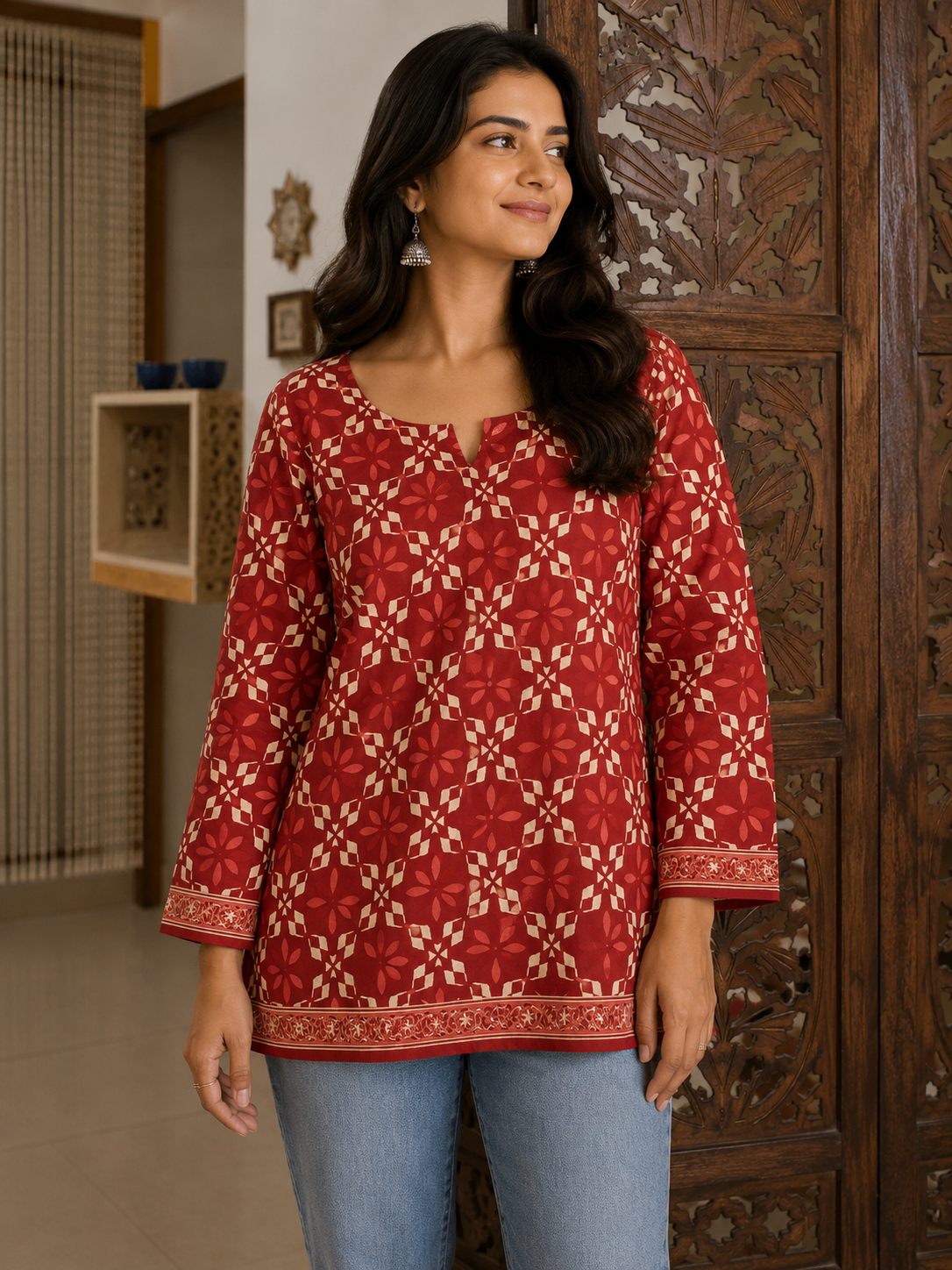 Ruby Geometric Print Straight-Cut Top