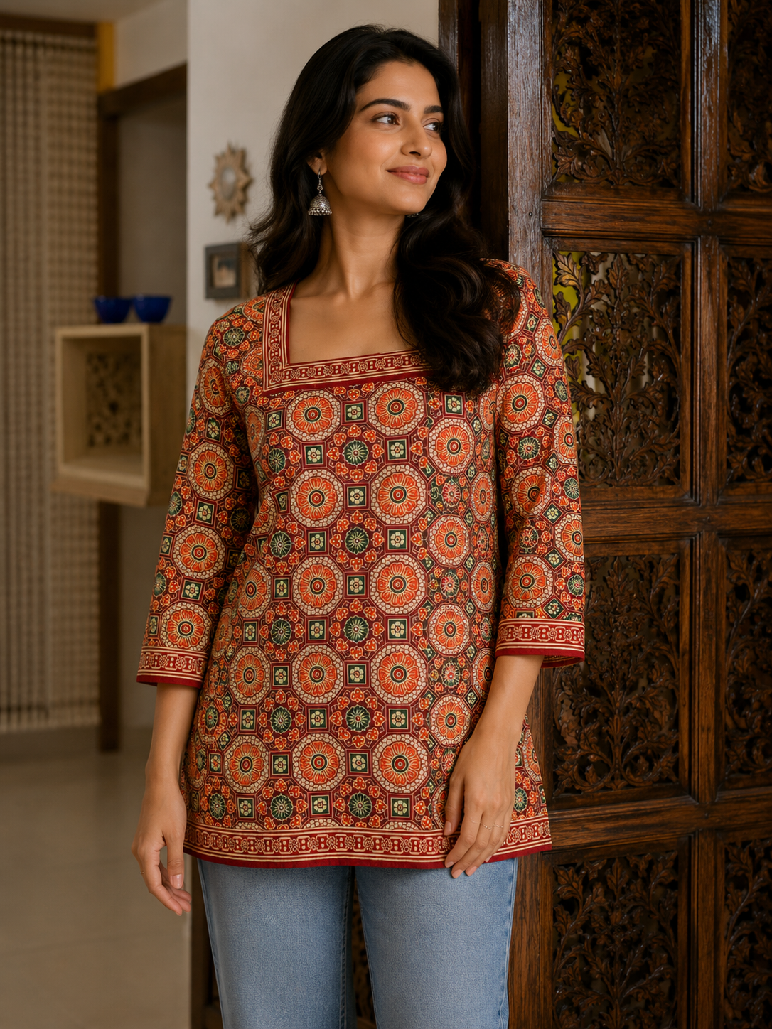 Heritage Mosaic Square Neck Tie-Back Blouse