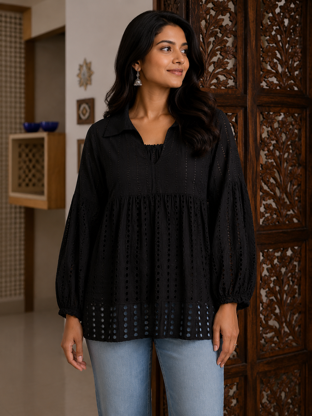 Midnight Broderie Peplum Top
