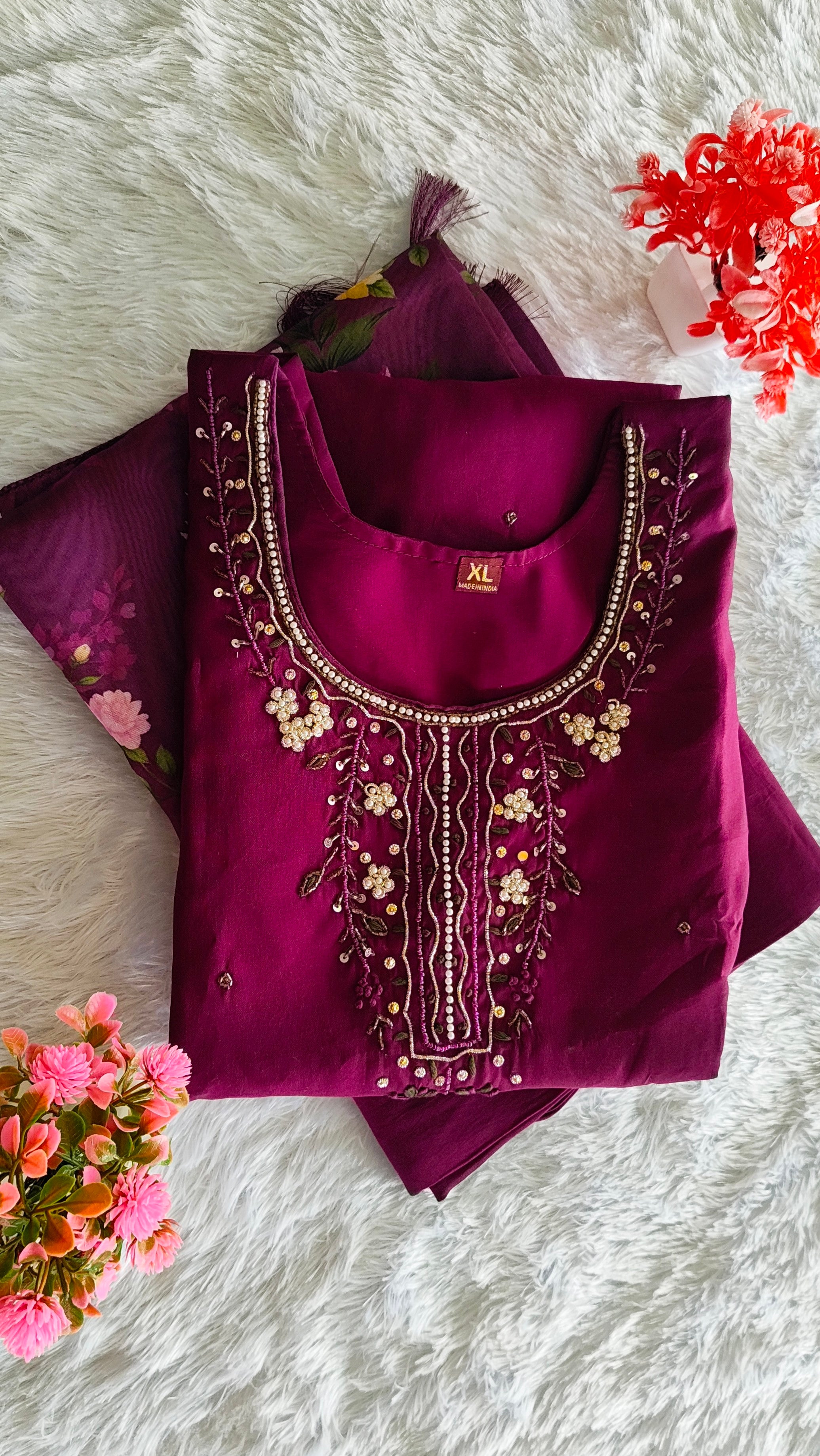 Magenta Straight fit Embroidered 3-Piece Kurta Set