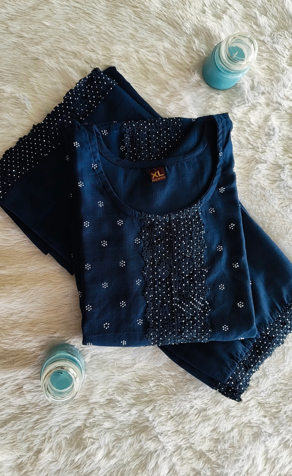 Navy Blue with Lacing Semi Linen 3-Piece Kurta Set