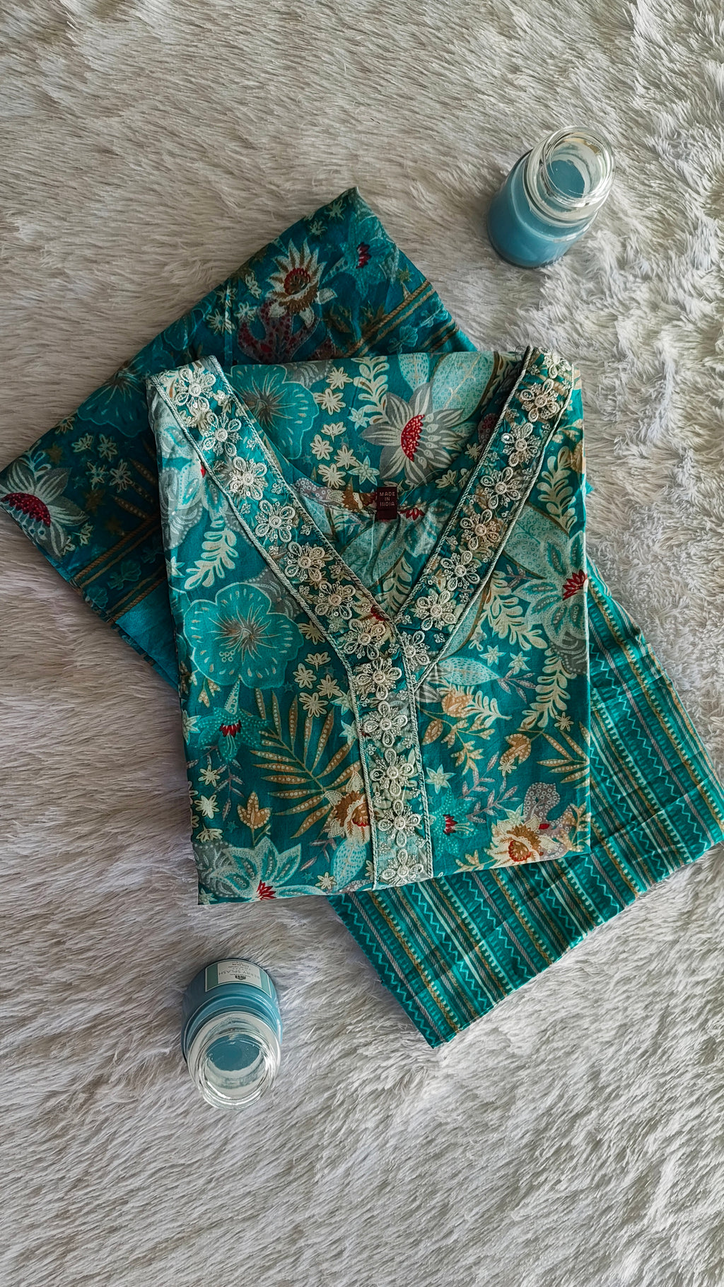 Teal Blue Cotton Floral Print 3-Piece Kurta Set