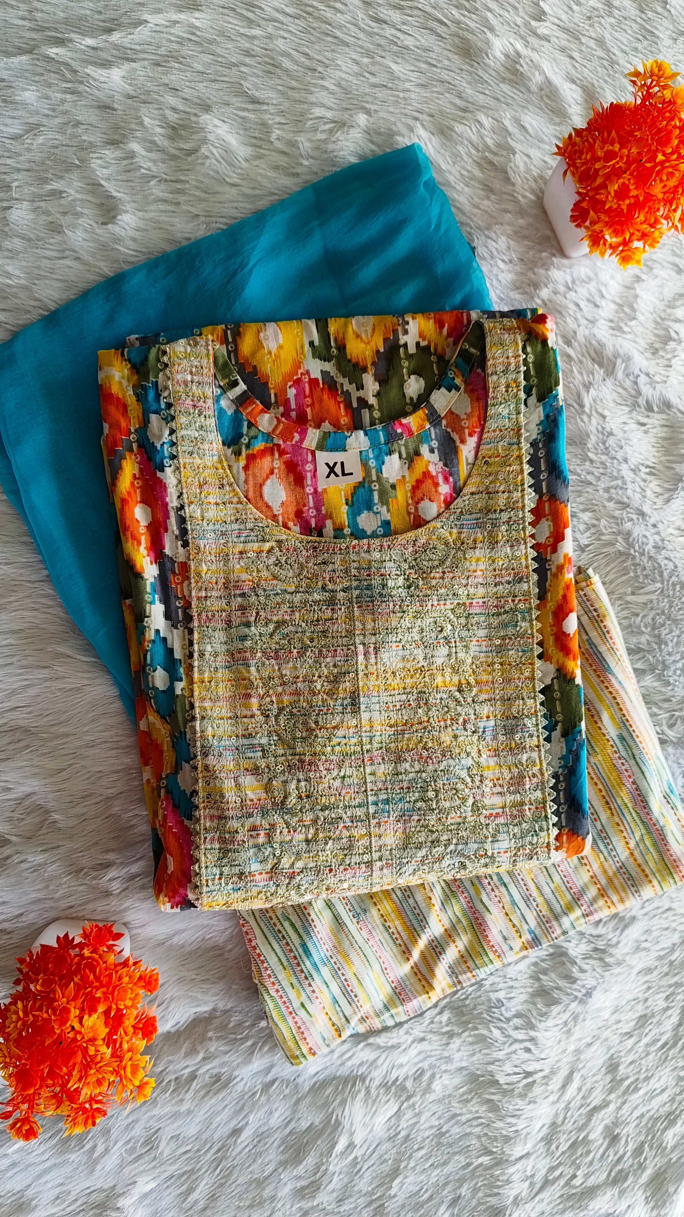Multi-Color Cotton Kurta 3-Piece Set with Shiffon Dupatta