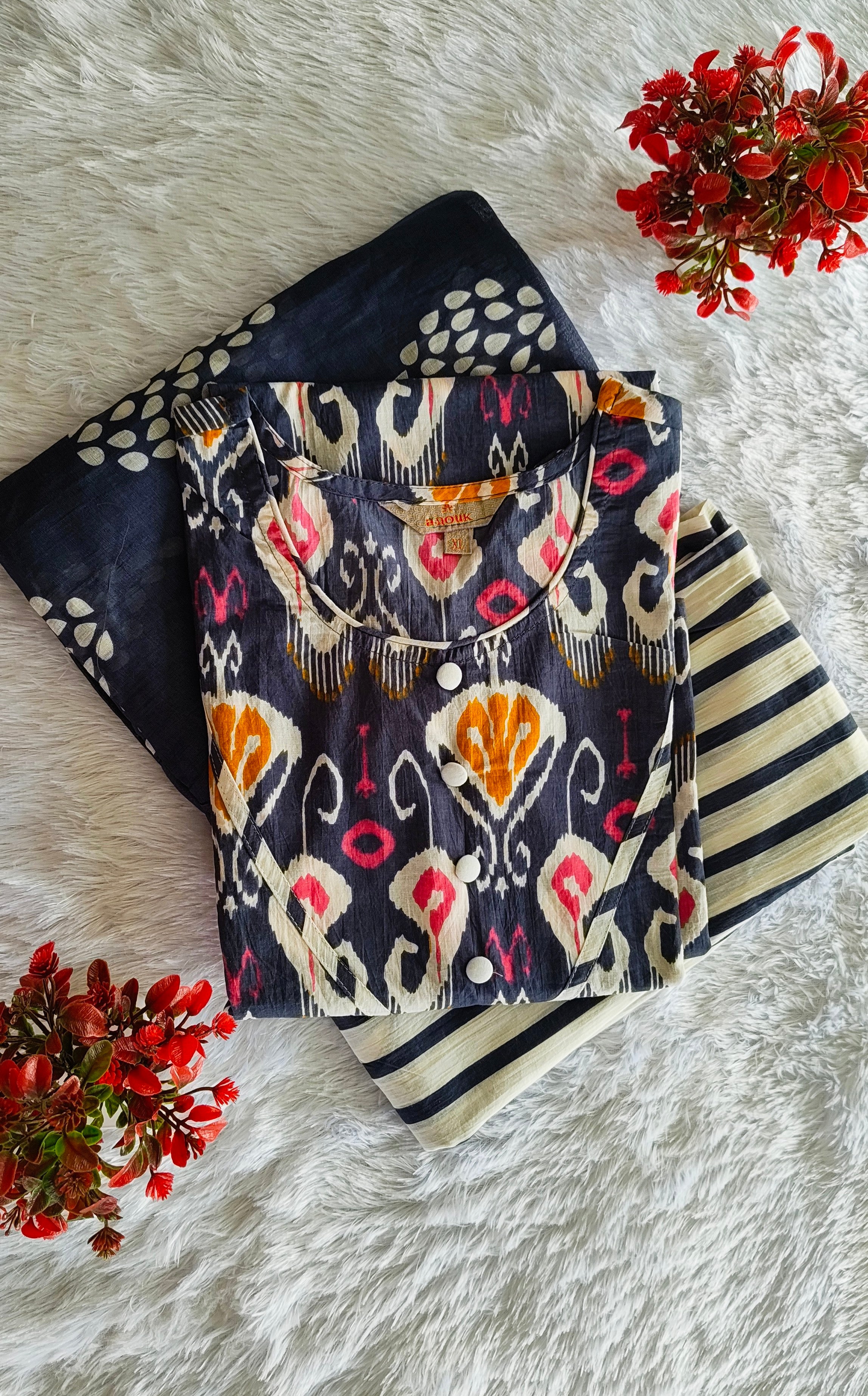 Ikat print Pure Cotton 3-Piece Kurta Set