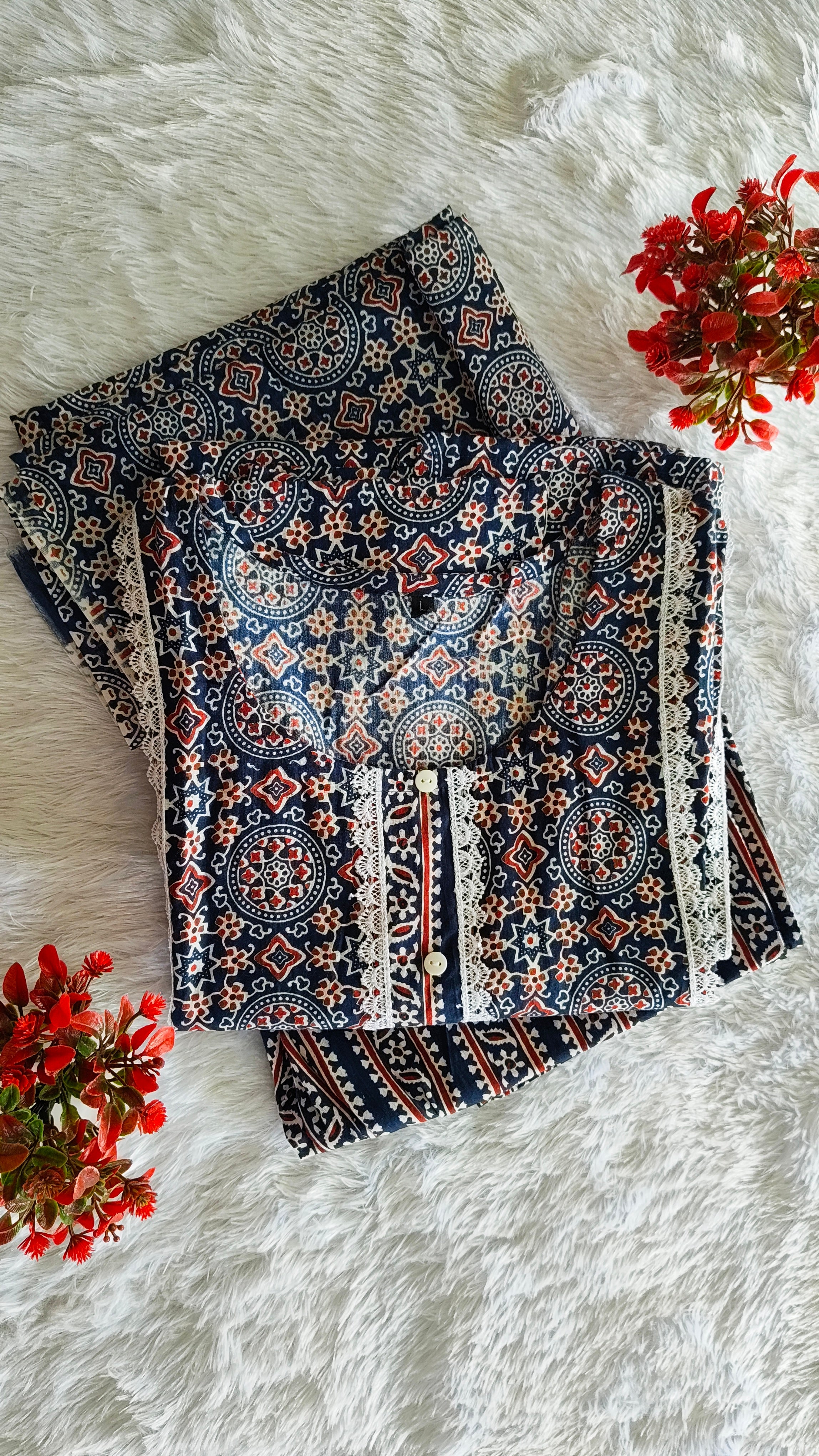 Ethic Blue & White Cotton 3-Piece Kurta Set