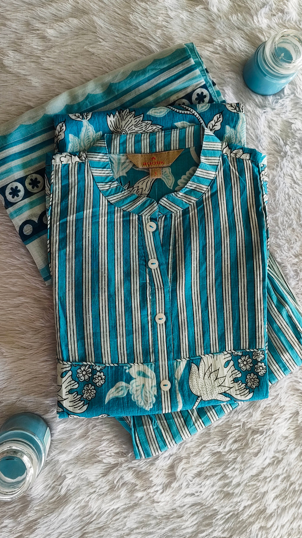 Indo Era Blue & White Floral Printed Cotton Kurta 3-Piece set