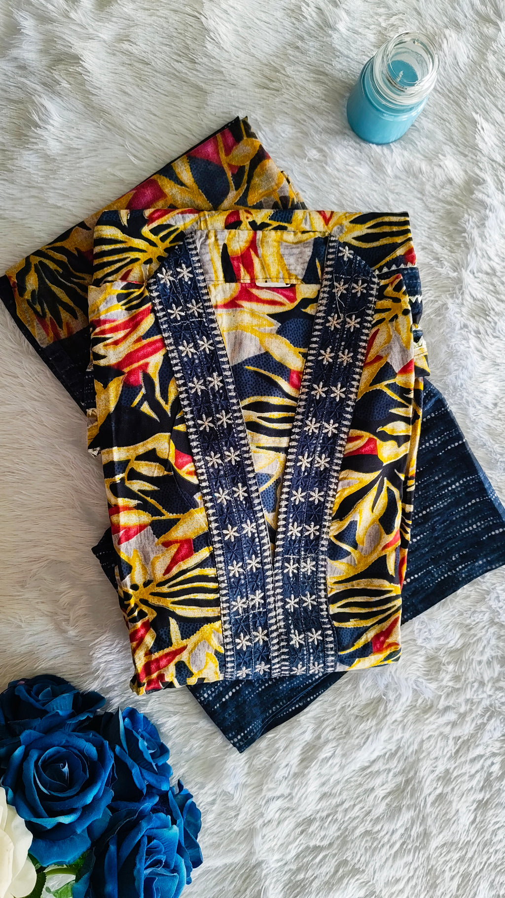 Yellow Floral with Navy Blue Cotton Anarkali Kurta With Side Slit