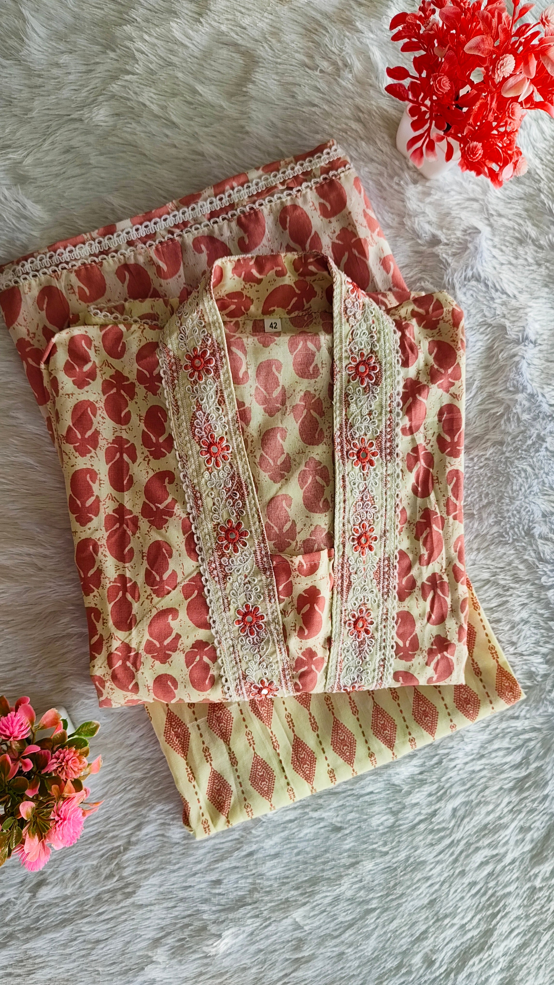 Light Pink and Cream Anarkali Printed 3-Piece Set