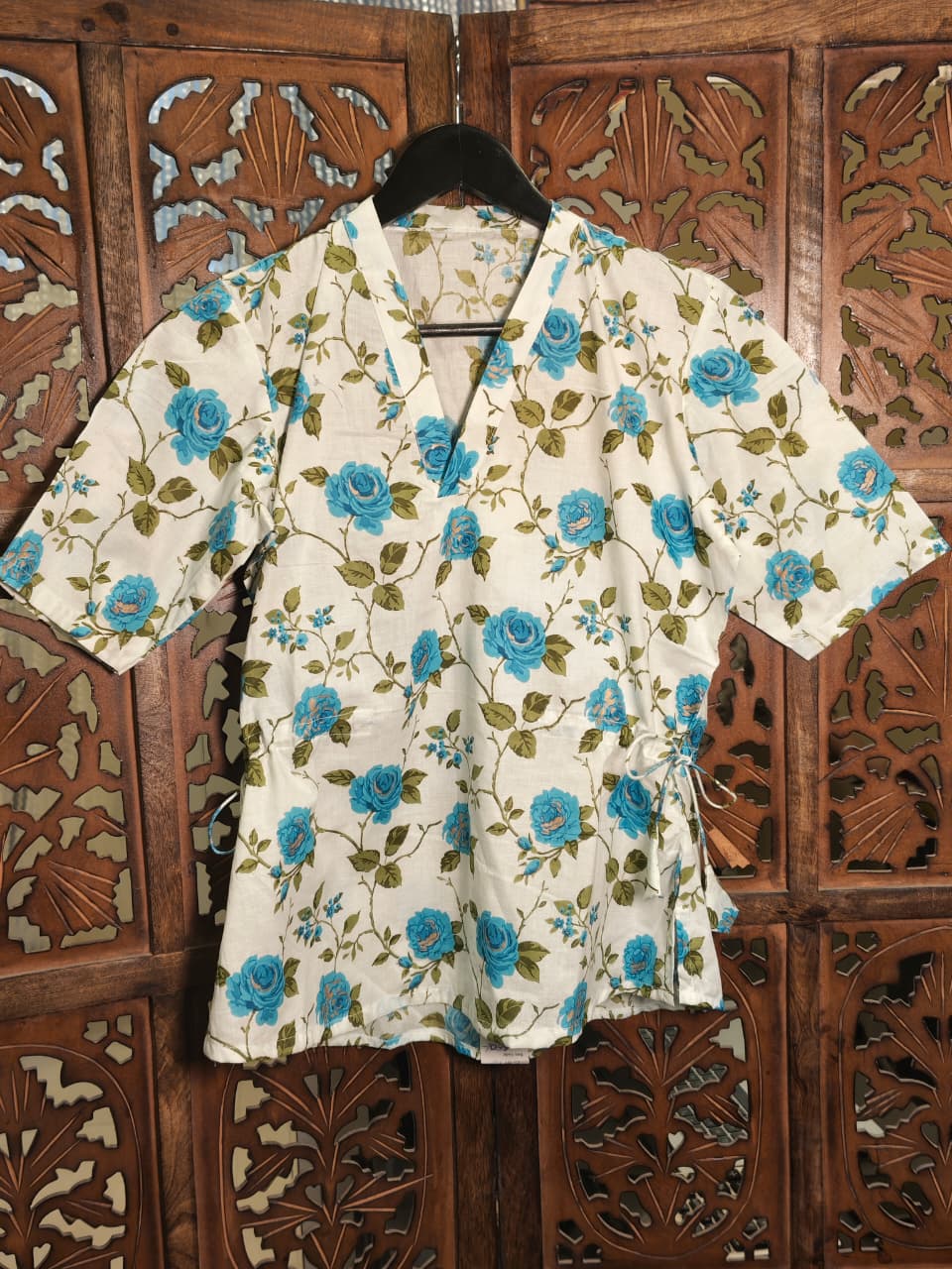 Blue Rose Wrap Peplum Cotton Top