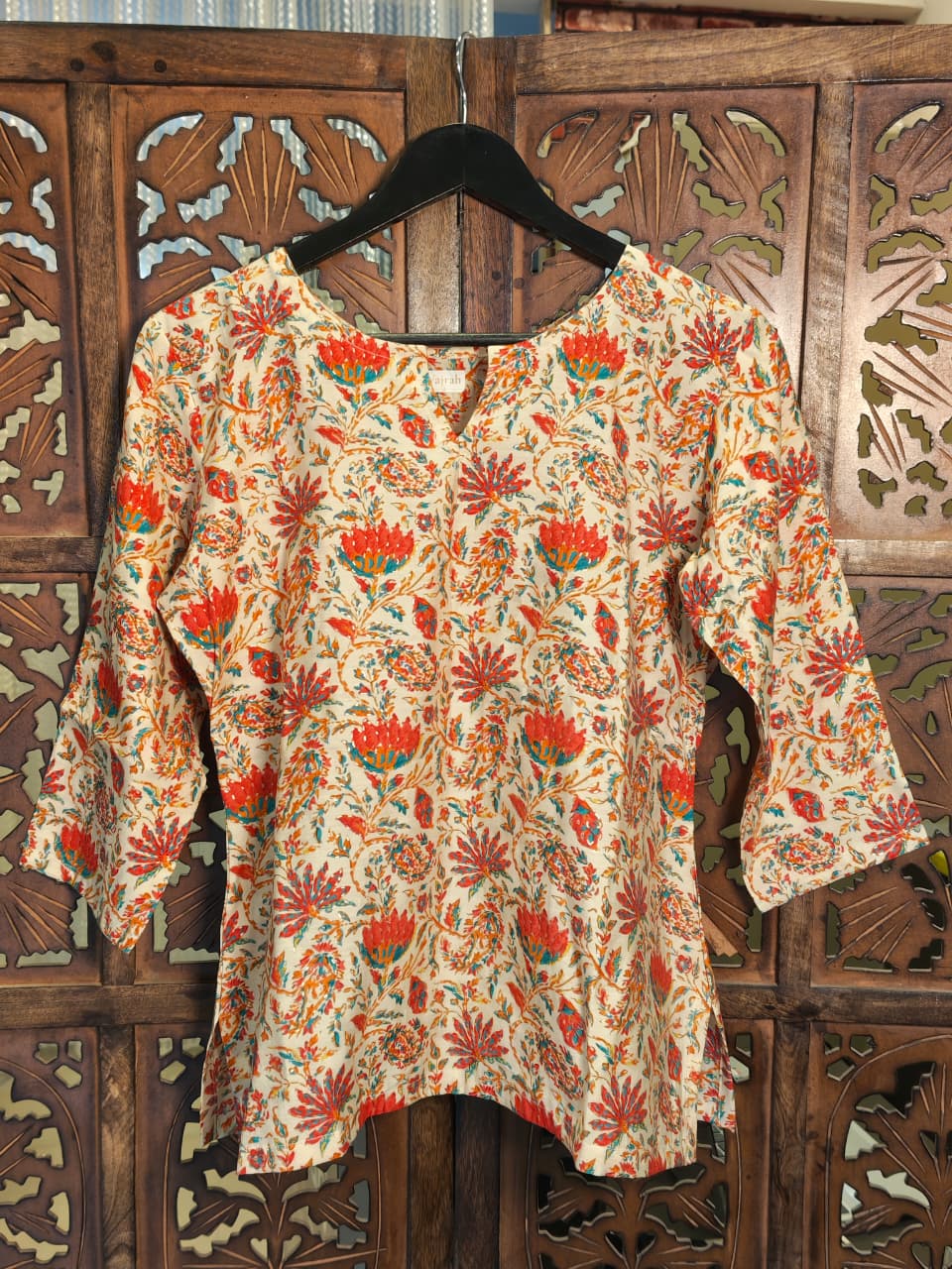 Ivory Floral Handblock-Inspired Tunic Top