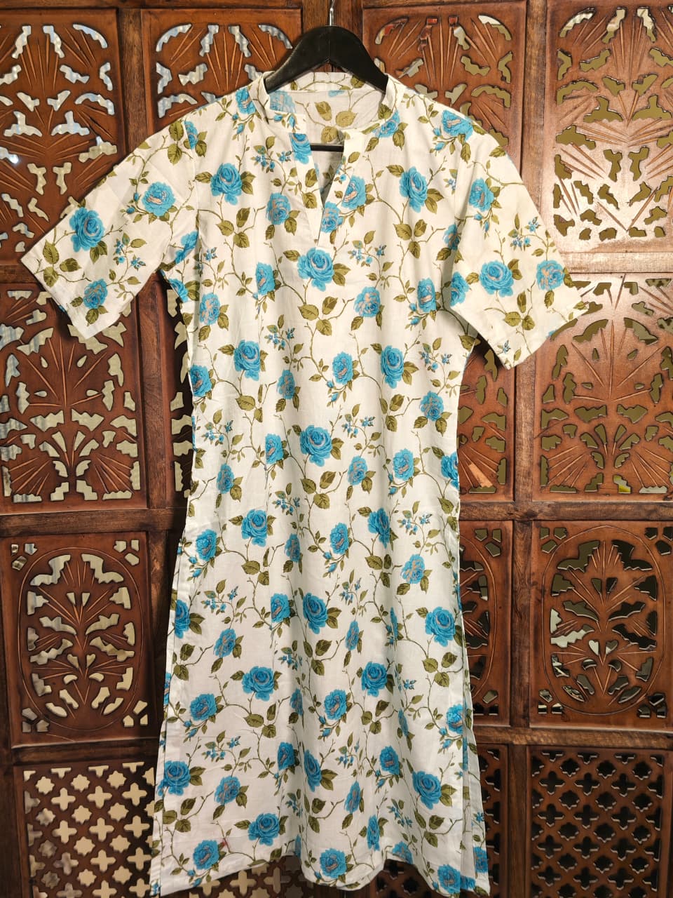 Blue Rose Floral Shift Cotton Dress