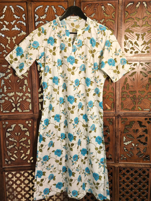 Blue Rose Floral Shift Cotton Dress