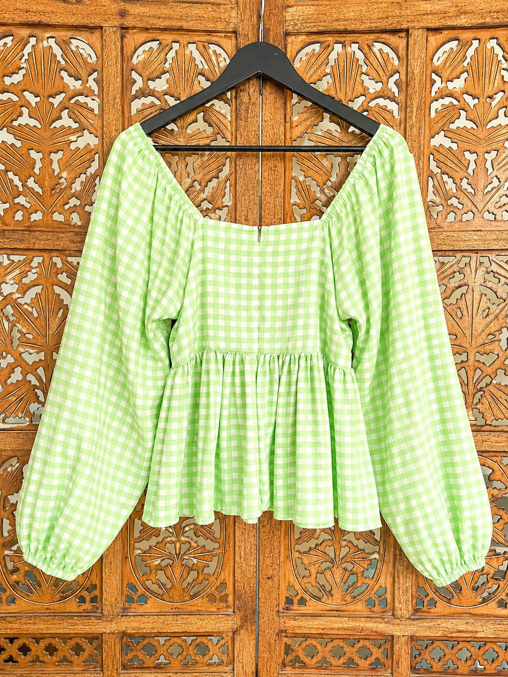 Lime Gingham Square Neck Peplum Top