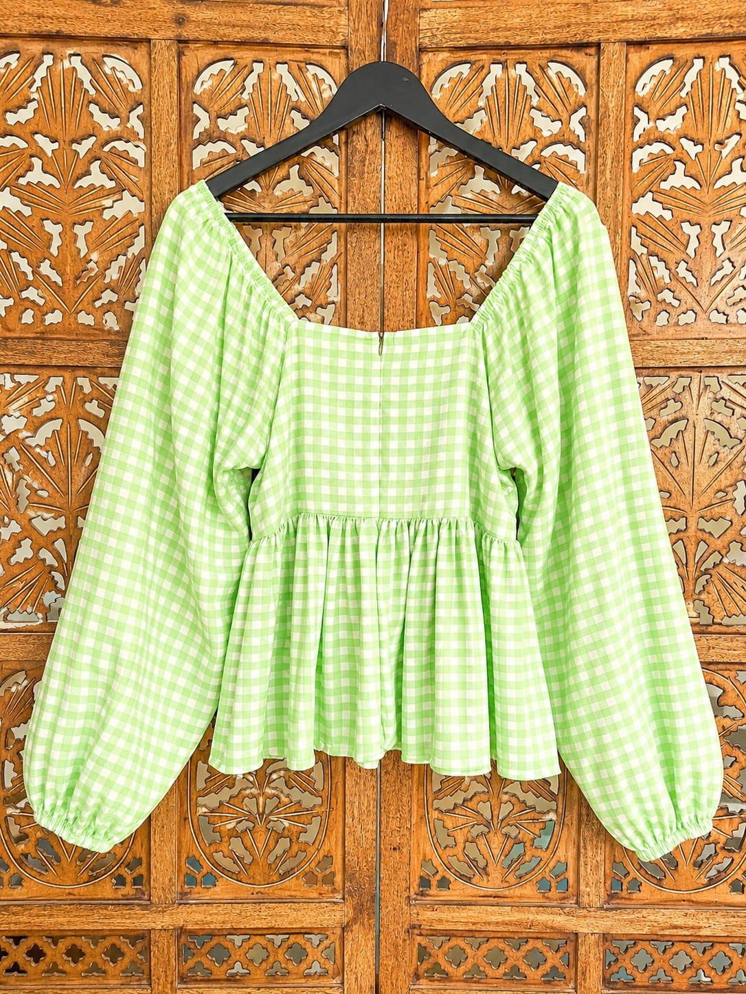 Lime Gingham Square Neck Peplum Top