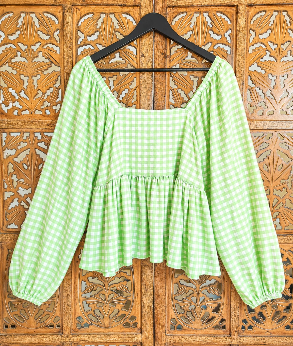Lime Gingham Square Neck Peplum Top