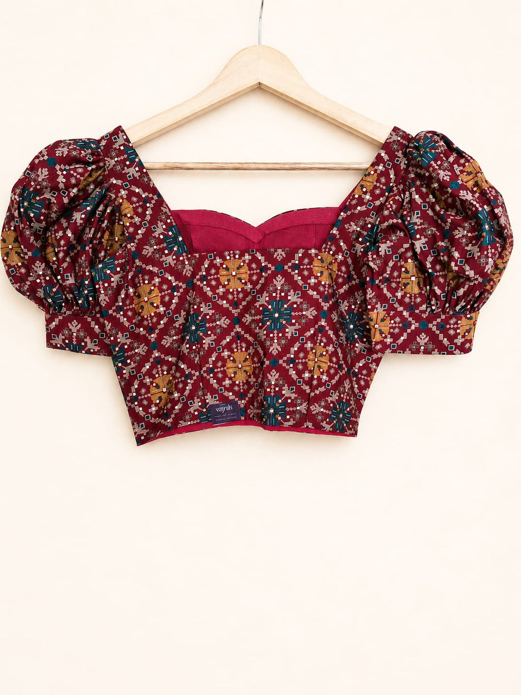 Maroon Patola Print Puff Sleeve Crop Top
