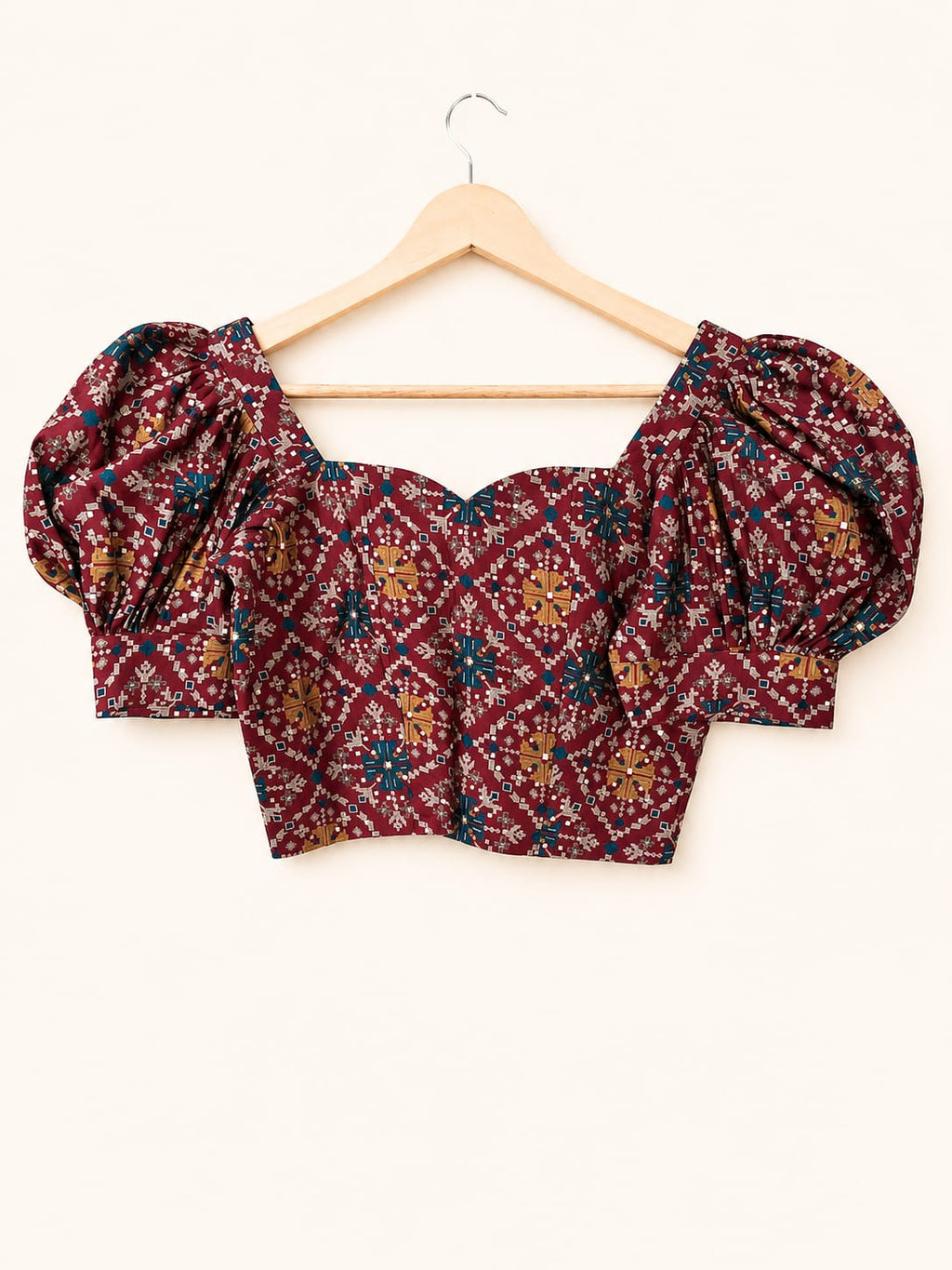 Maroon Patola Print Puff Sleeve Crop Top