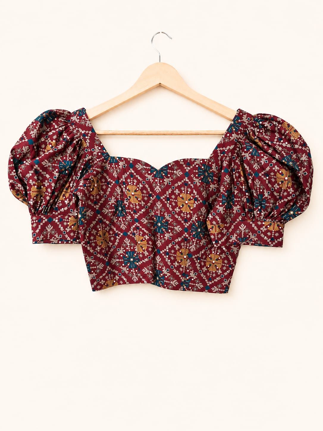 Maroon Patola Print Puff Sleeve Crop Top